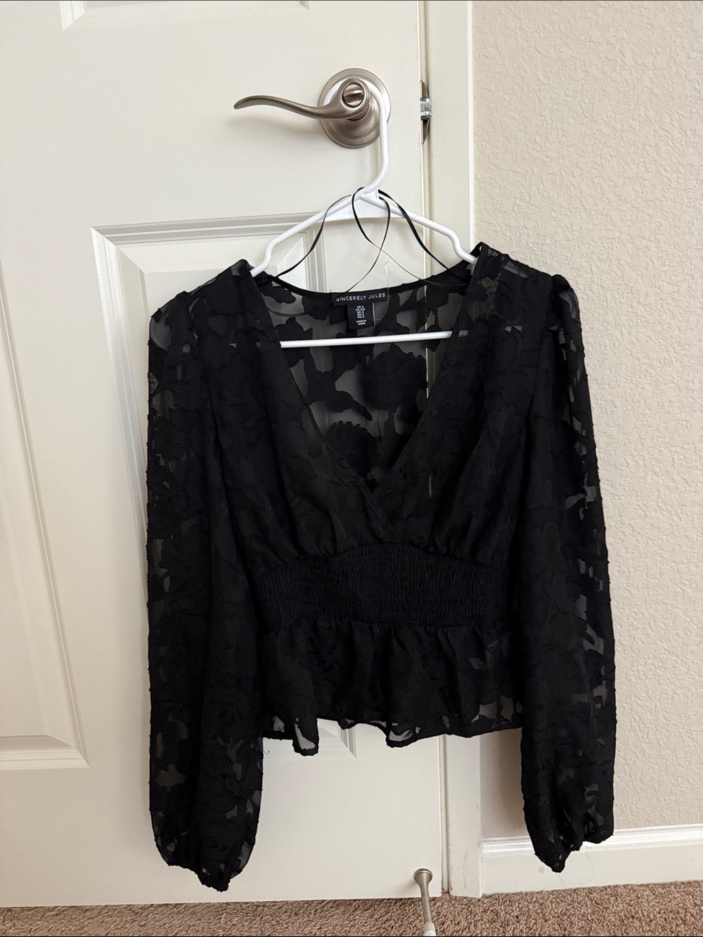 Sincerely Jules Black Sheer Floral V-Neck Blouse